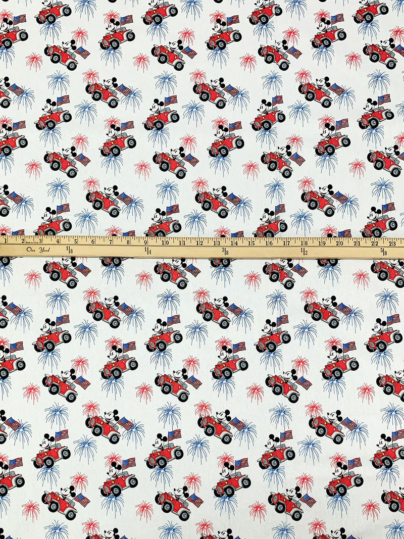 White/Red/Blue 100% Cotton Mickey Patriotic Car Print Quilt Weight Woven 44W