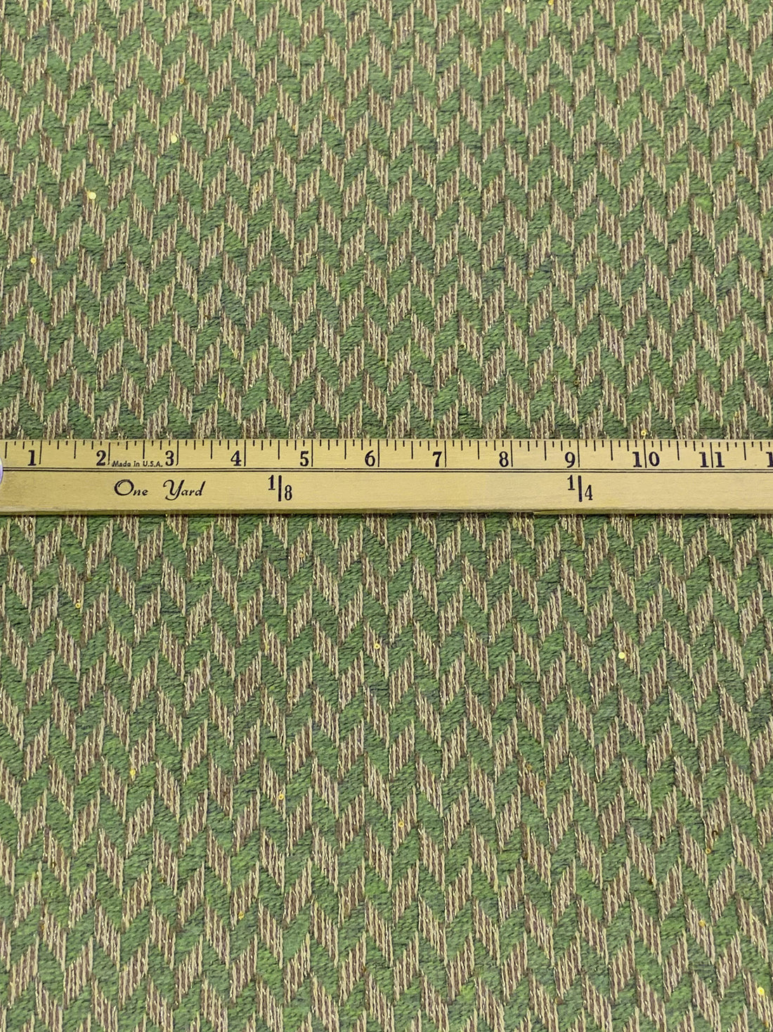Moss Green/Almond/Gold Polyester/Wool/Metallic Novelty Chevron With Sparse Mini Sequins Boucle Suiting - NY Designer - 60W