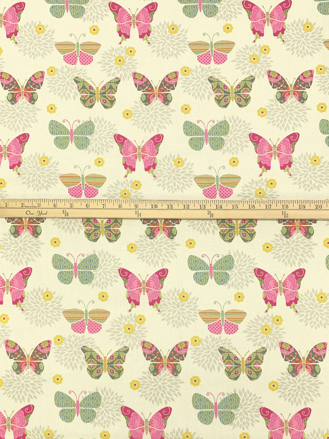 Pale Cream/Soft Lime/Pink/Multi 100% Cotton Bohemian Garden Butterflies Print Quilt Weight Woven 44W
