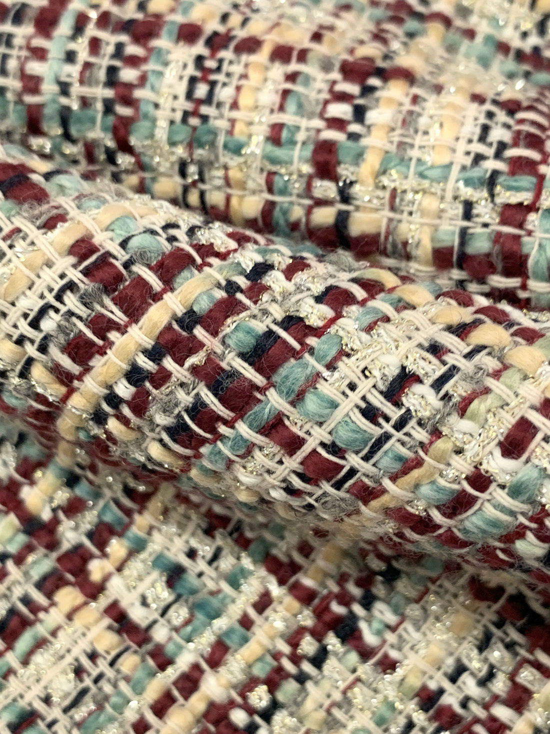 Old Garnet/Champagne/Silver/Multi Polyester/Wool/Metallic Tweed Boucle Suiting - NY Designer - 58W