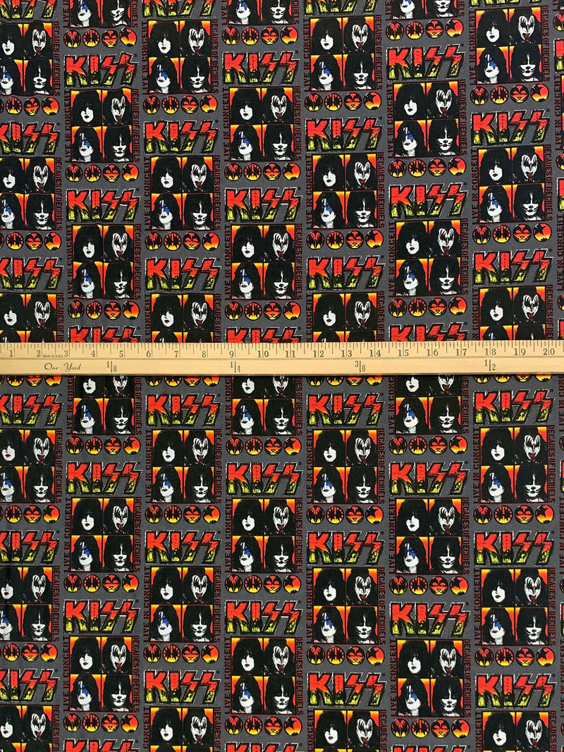 Dark Iron Gray/Flame/Black/Lemon 100% Cotton Kiss Live Decades Of Decibels Print Quilt Weight Woven 42W