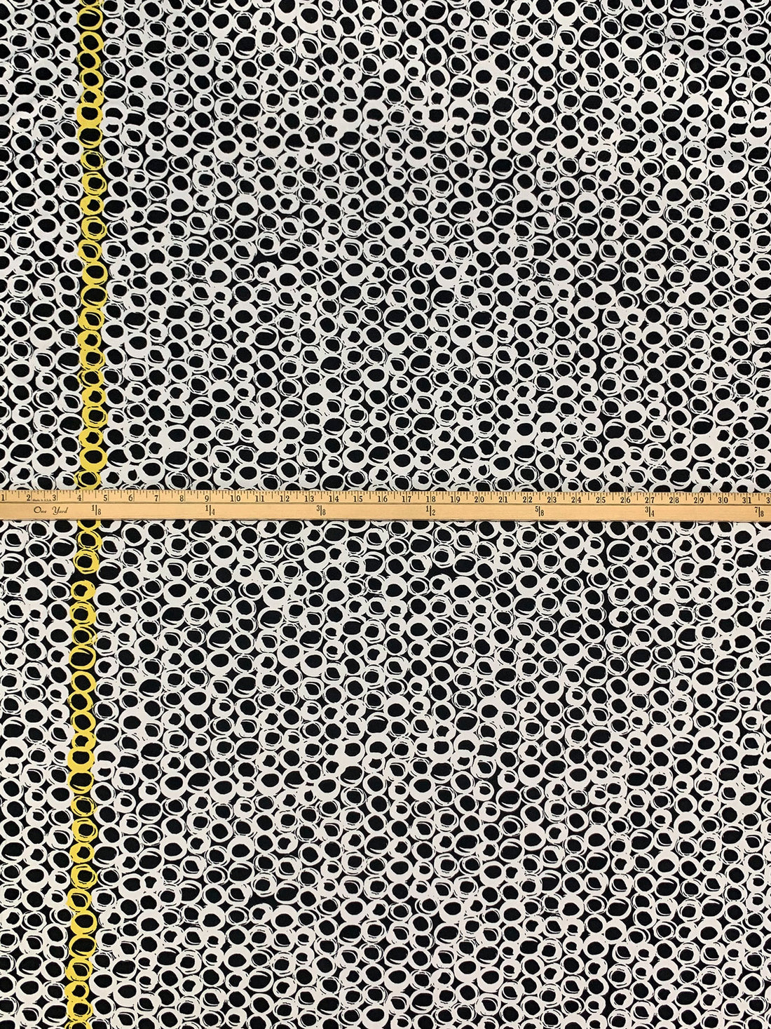 Black/White/Straw Polyester/Lycra Double Border Rugged Circles Print DTY Knit 58W