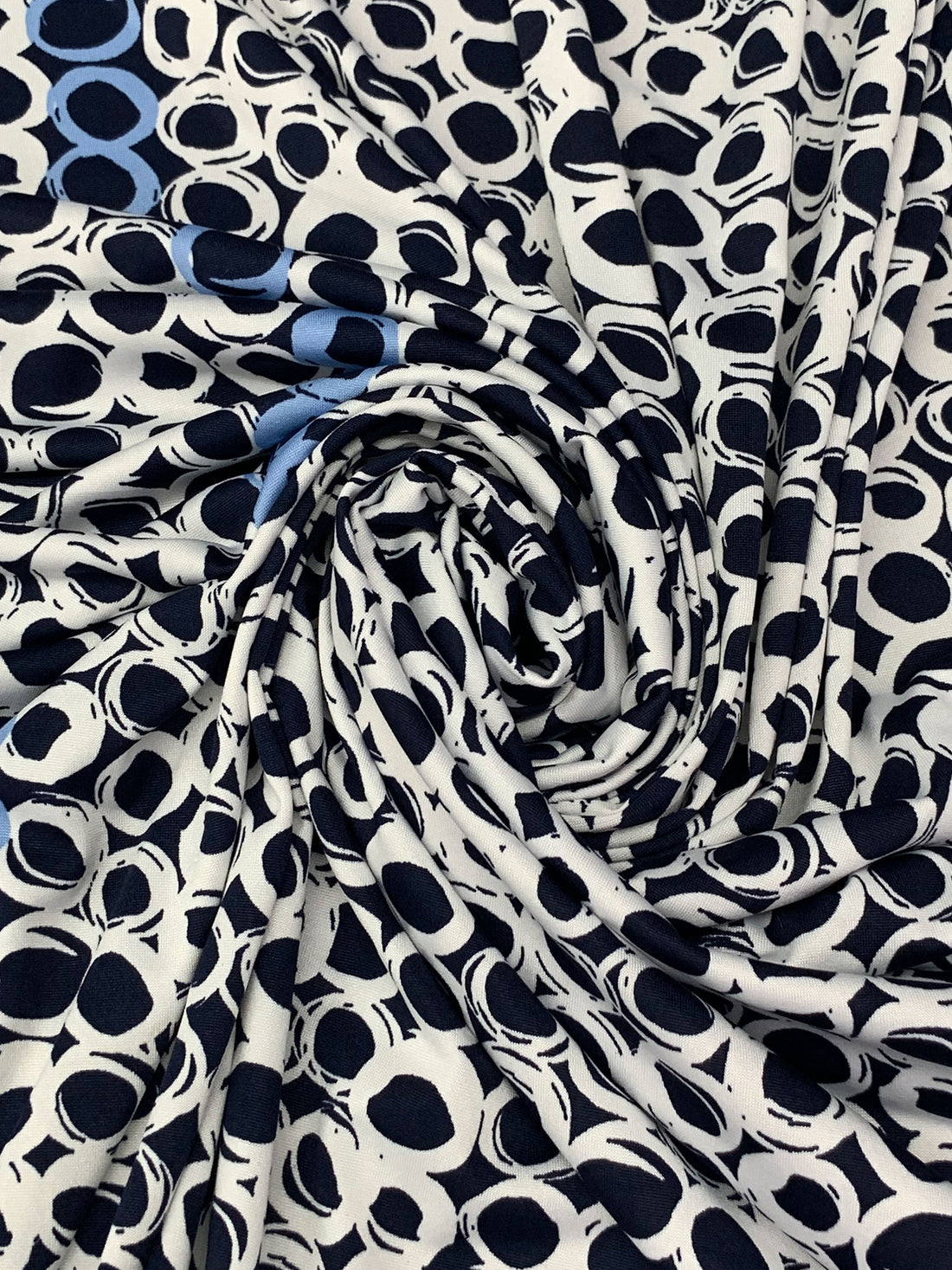 Navy/White/Light Cobalt Blue Polyester/Lycra Double Border Rugged Circles Print DTY Knit 58W