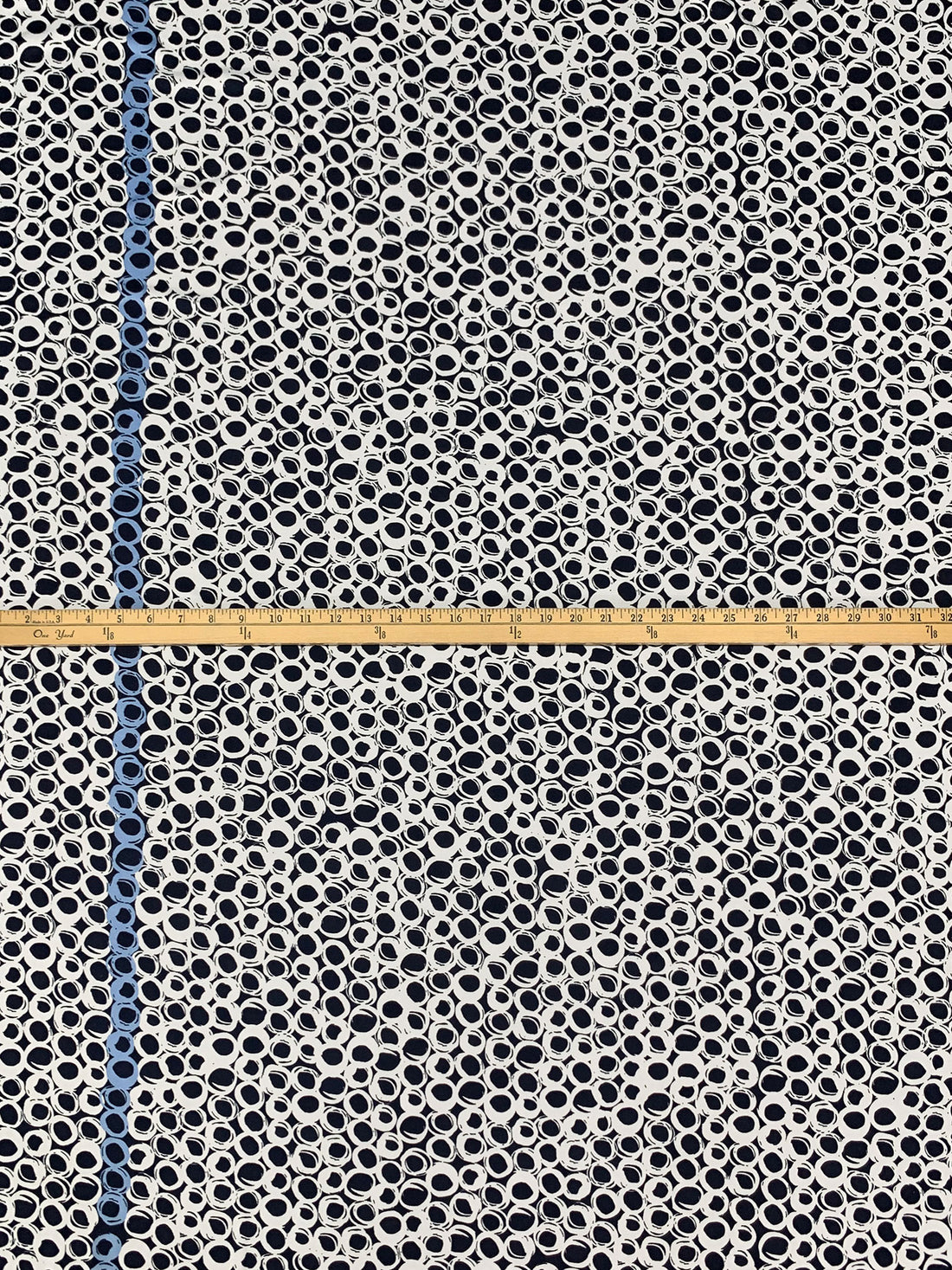 Navy/White/Light Cobalt Blue Polyester/Lycra Double Border Rugged Circles Print DTY Knit 58W