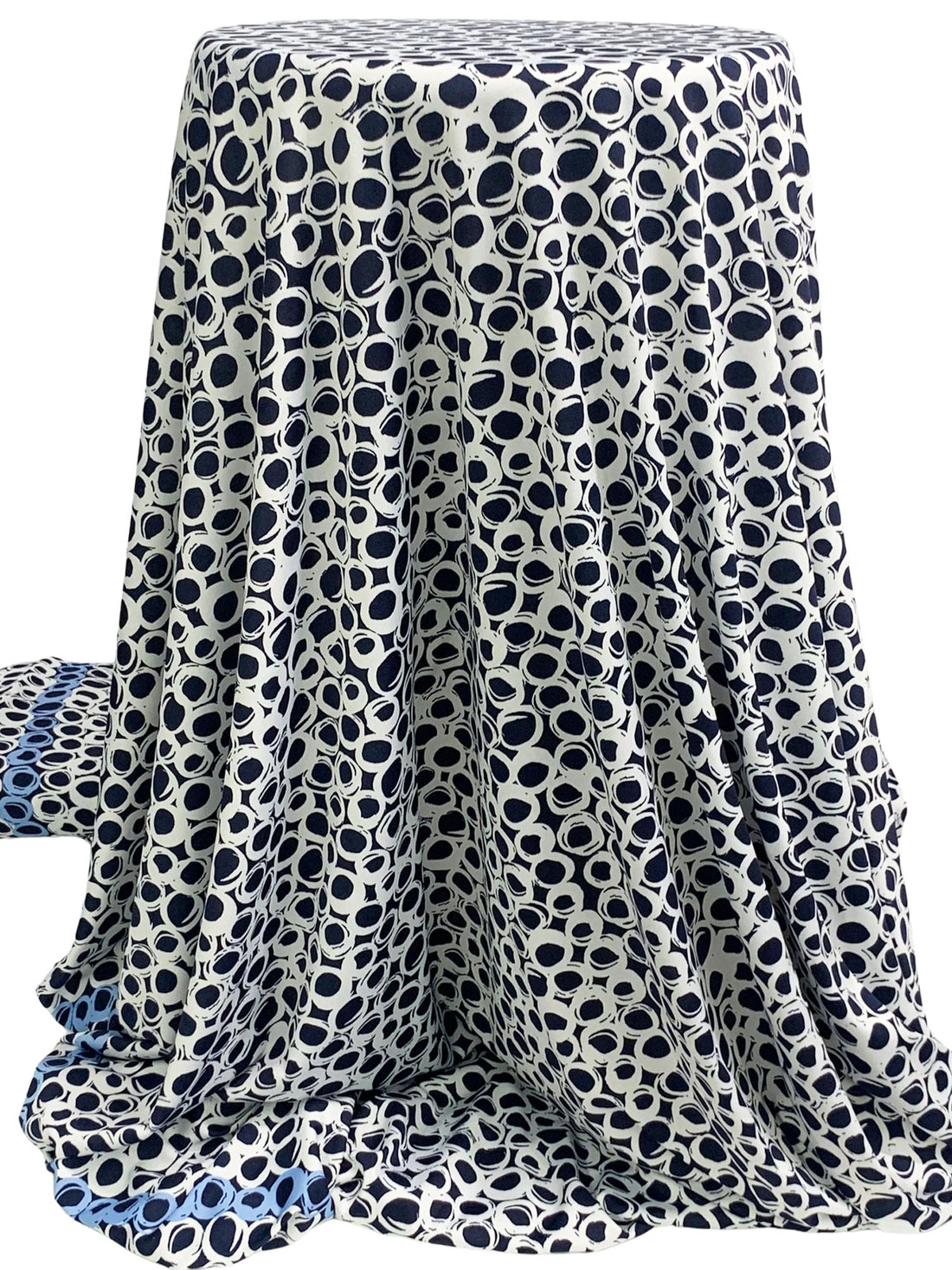 Navy/White/Light Cobalt Blue Polyester/Lycra Double Border Rugged Circles Print DTY Knit 58W