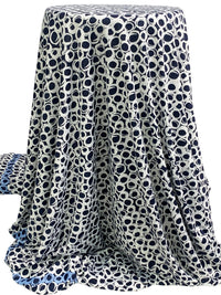 Navy/White/Light Cobalt Blue Polyester/Lycra Double Border Rugged Circles Print DTY Knit 58W