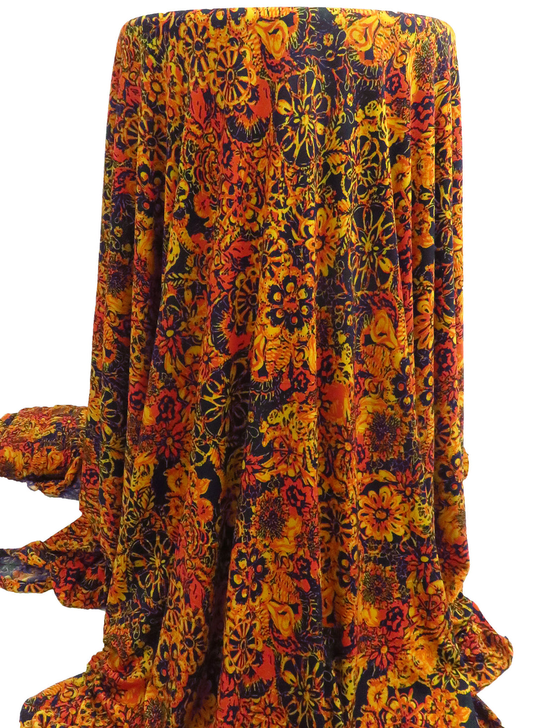 Muted Midnight Navy/Deep Orange/Dark Gold Polyester/Lycra Abstract Floral Print ITY Knit 56W