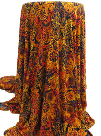 Muted Midnight Navy/Deep Orange/Dark Gold Polyester/Lycra Abstract Floral Print ITY Knit 56W