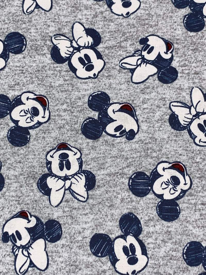 Heathered Gray/Navy Blue/White/Black 100% Cotton Mickey & Minnie Print Quilt Weight Woven 43W