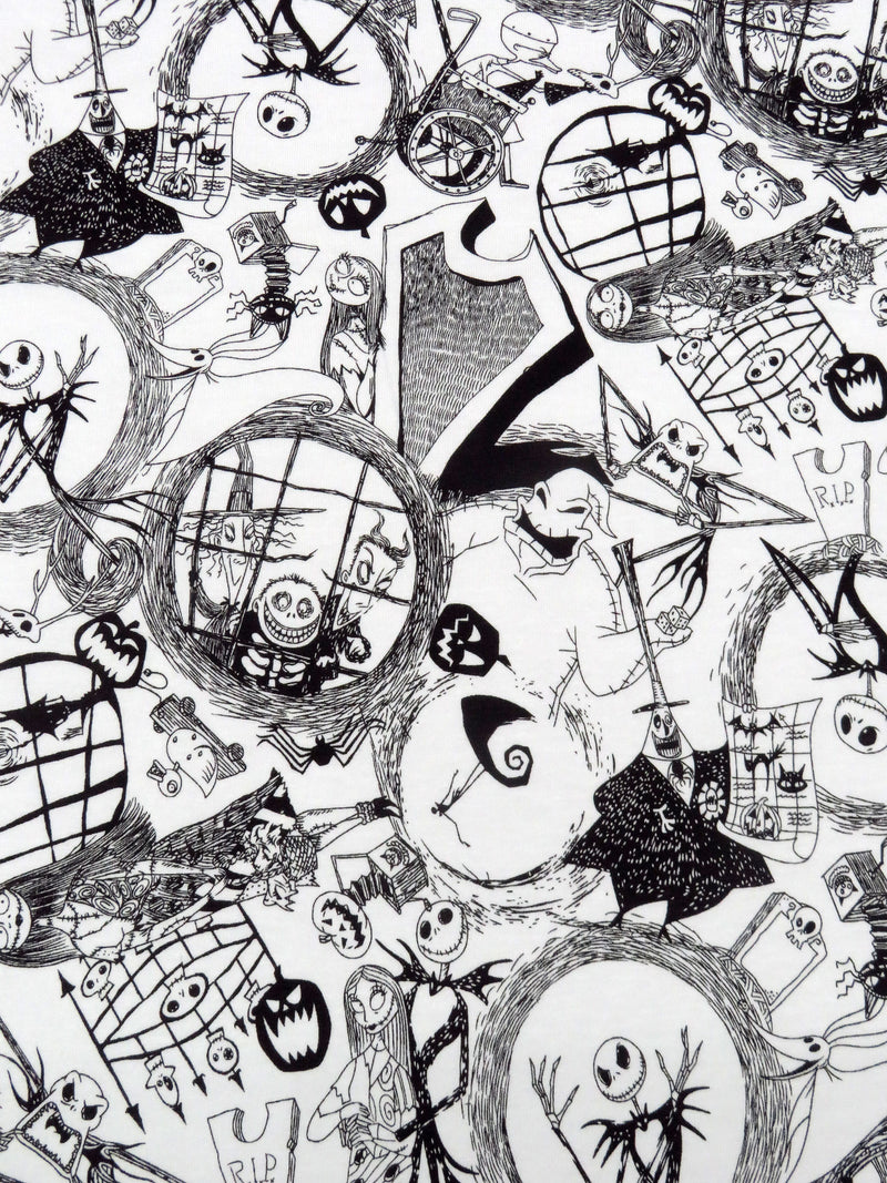 White/Black Cotton/Lycra Tossed World Of Nightmare Before Christmas Print Jersey Knit 58W