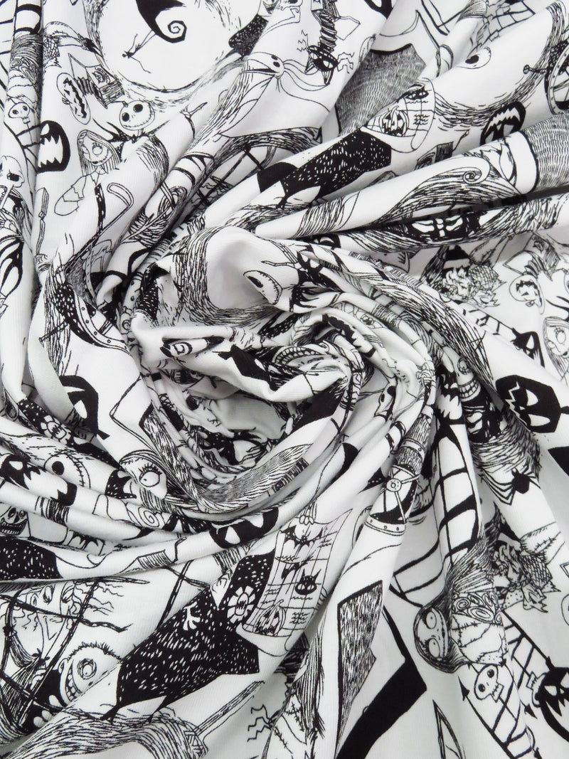 White/Black Cotton/Lycra Tossed World Of Nightmare Before Christmas Print Jersey Knit 58W