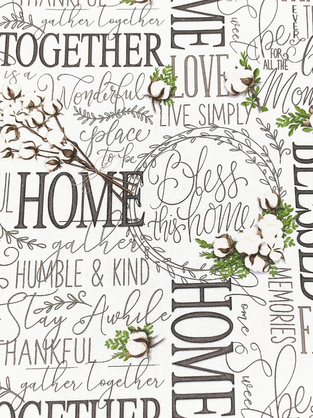 White/Dark Moss Green/Dark Taupe 100% Cotton Farmhouse Tossed Words Print Quilt Weight Woven 43W