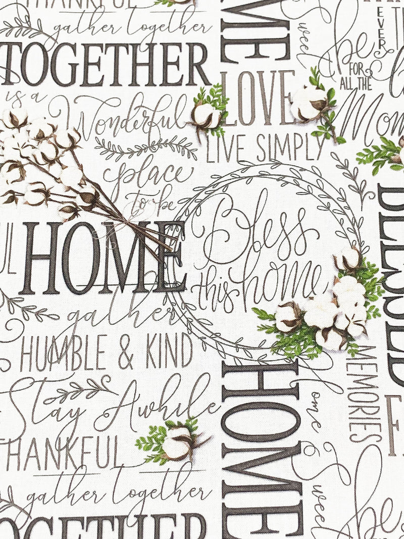 White/Dark Moss Green/Dark Taupe 100% Cotton Farmhouse Tossed Words Print Quilt Weight Woven 43W