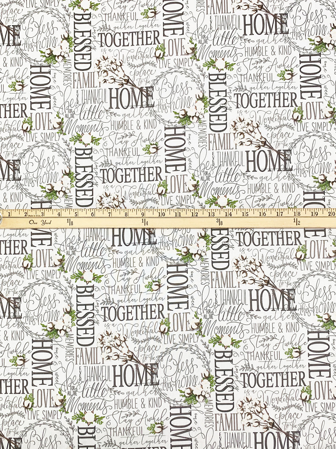 White/Dark Moss Green/Dark Taupe 100% Cotton Farmhouse Tossed Words Print Quilt Weight Woven 43W
