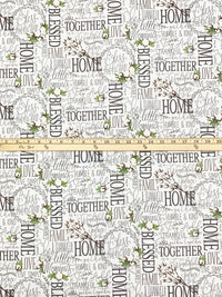 White/Dark Moss Green/Dark Taupe 100% Cotton Farmhouse Tossed Words Print Quilt Weight Woven 43W