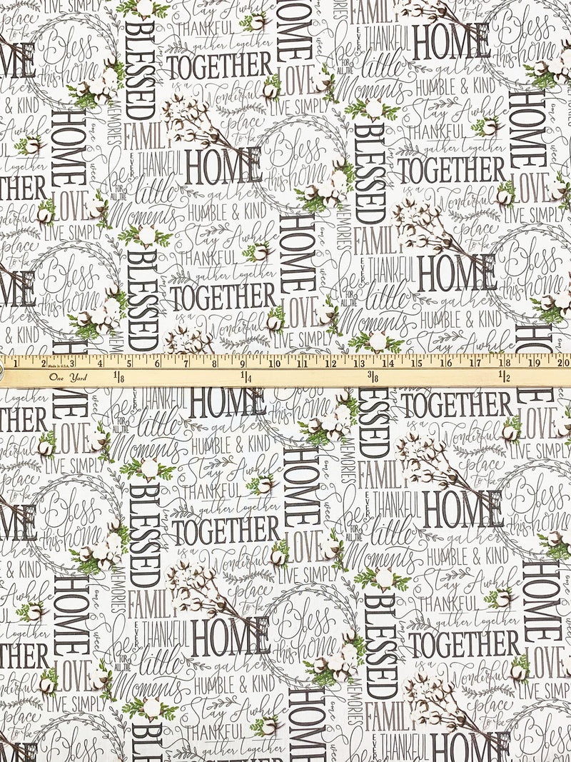 White/Dark Moss Green/Dark Taupe 100% Cotton Farmhouse Tossed Words Print Quilt Weight Woven 43W