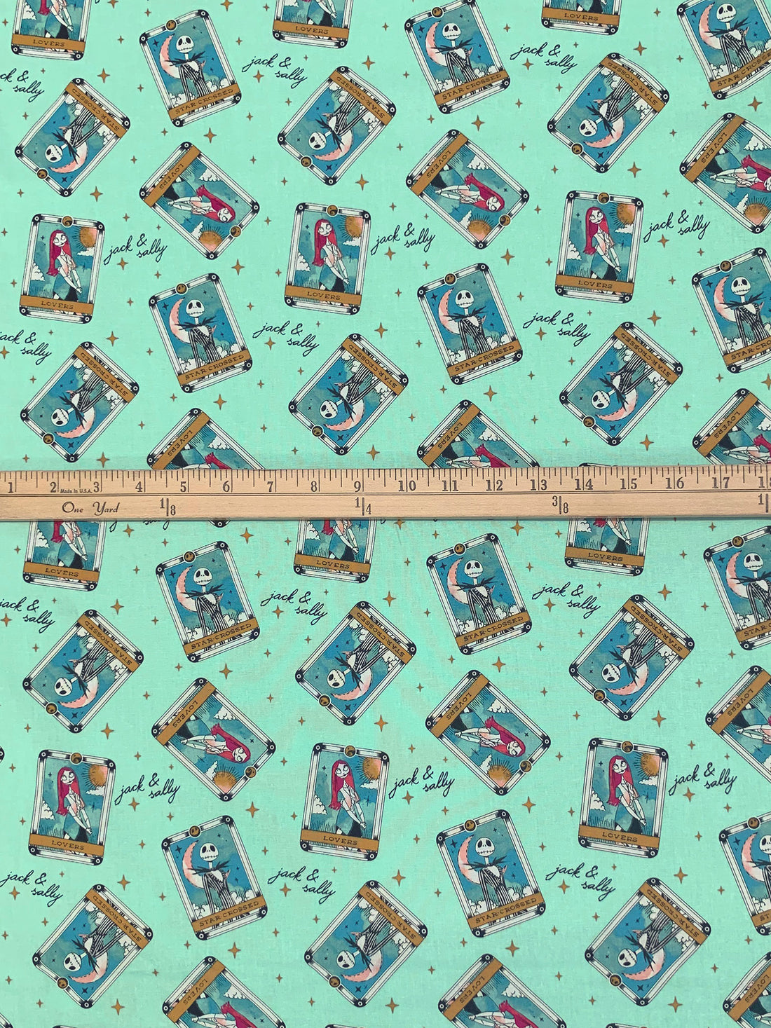 Seafoam Green/Dark Gold Sand/Air Force Blue 100% Cotton Nightmare Before Christmas Star-Crossed Lovers Print Quilt Weight Woven 44W