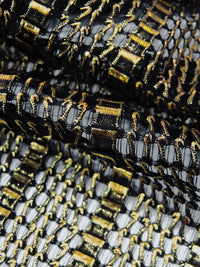 Black/Gold 100% Polyester Vertical Stripe With Metallic Foil Novelty Mesh - Luxe Resort Designer - 51W