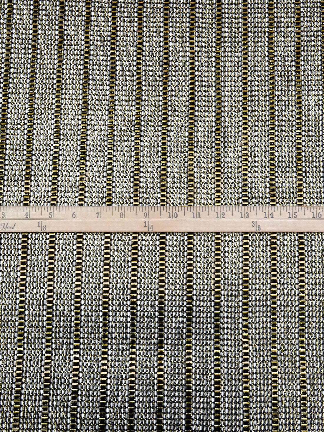 Black/Gold 100% Polyester Vertical Stripe With Metallic Foil Novelty Mesh - Luxe Resort Designer - 51W