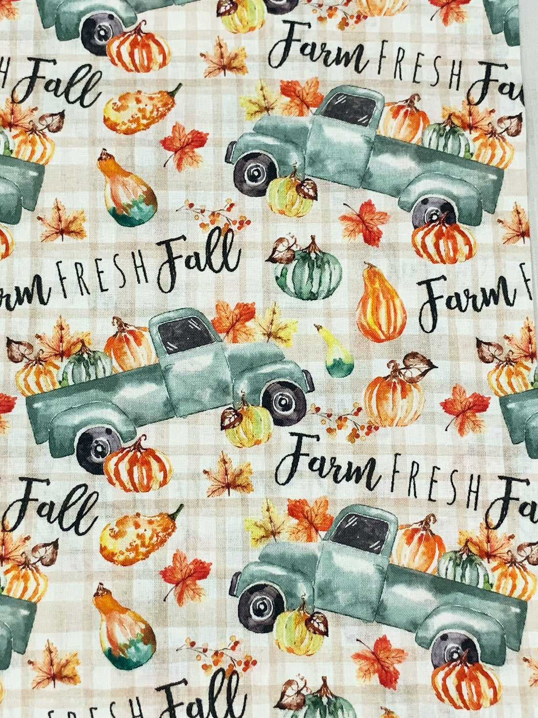 Harvest Orange/Blue Gray/Black/Multi 100% Cotton Farm Fresh Fall Trucks Print Quilt Weight Woven 44W