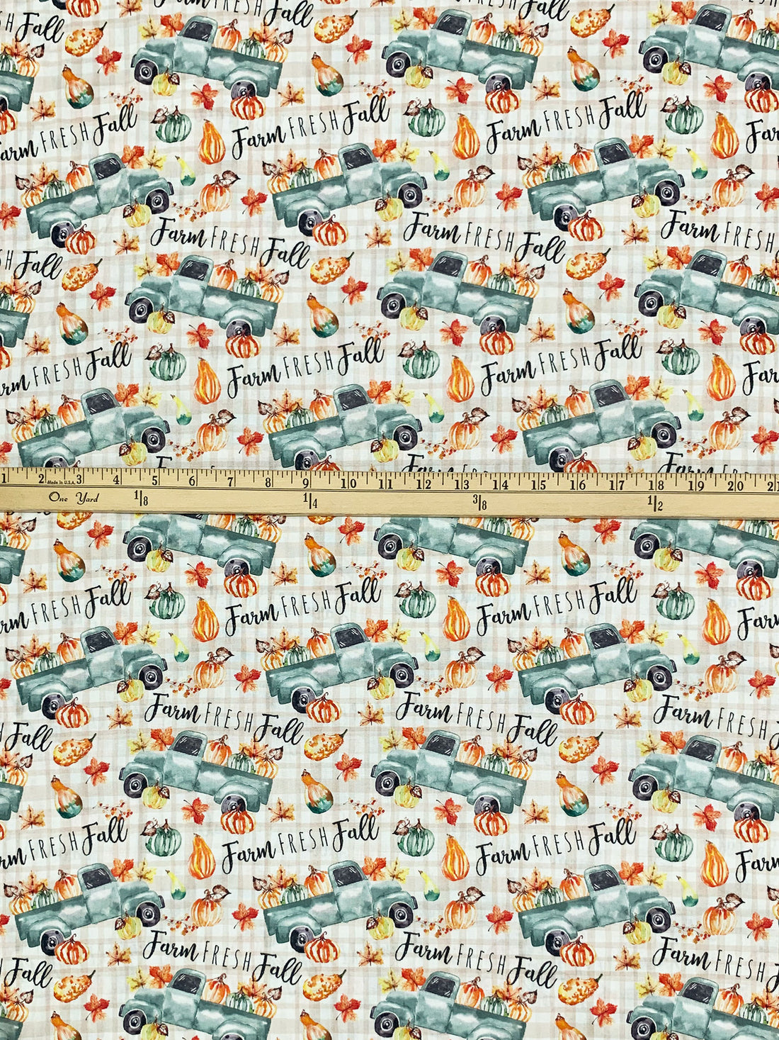Harvest Orange/Blue Gray/Black/Multi 100% Cotton Farm Fresh Fall Trucks Print Quilt Weight Woven 44W