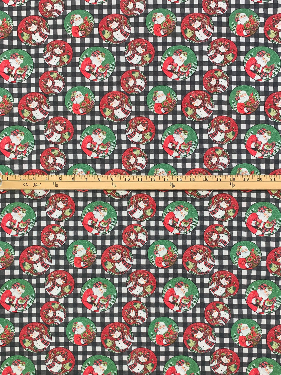 Middle Green/Light Red/White/Multi 100% Cotton Plaid Santa Print Quilt Weight Woven 44W