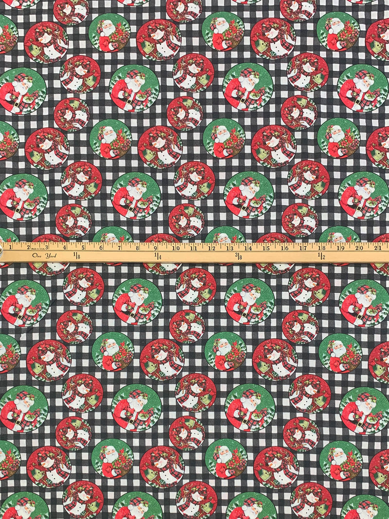 Middle Green/Light Red/White/Multi 100% Cotton Plaid Santa Print Quilt Weight Woven 44W