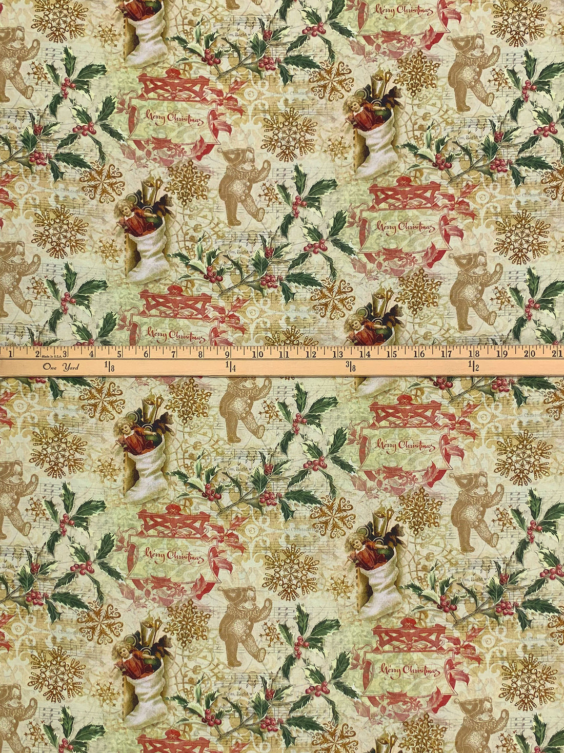 Khaki/Glade Green/Dark Tan/Multi 100% Cotton Victorian Christmas Toss Print Quilt Weight Woven 43W