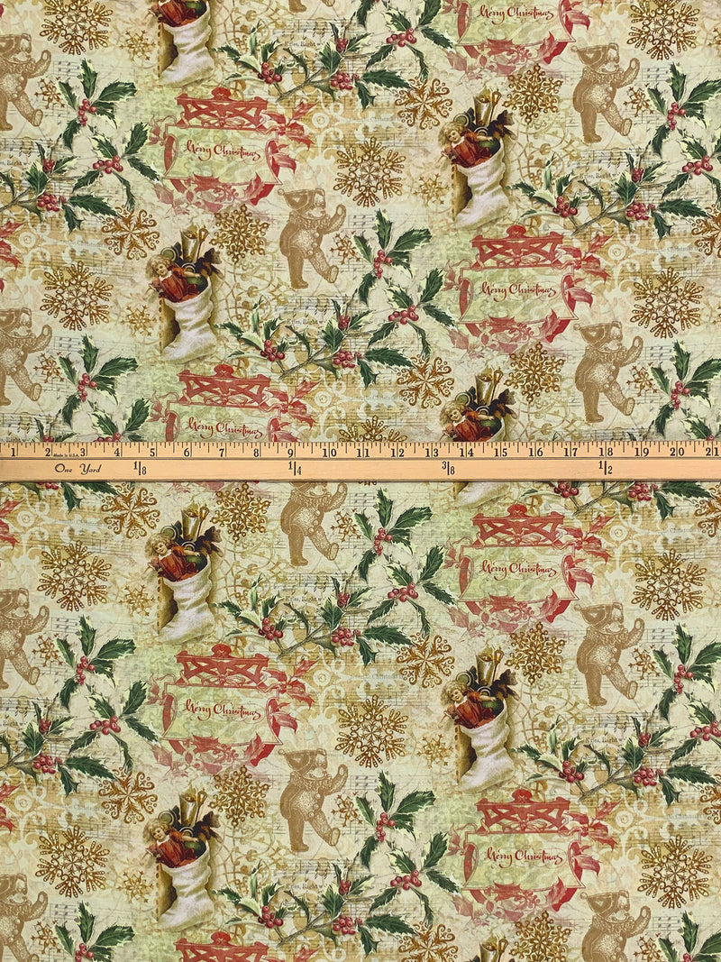 Khaki/Glade Green/Dark Tan/Multi 100% Cotton Victorian Christmas Toss Print Quilt Weight Woven 43W