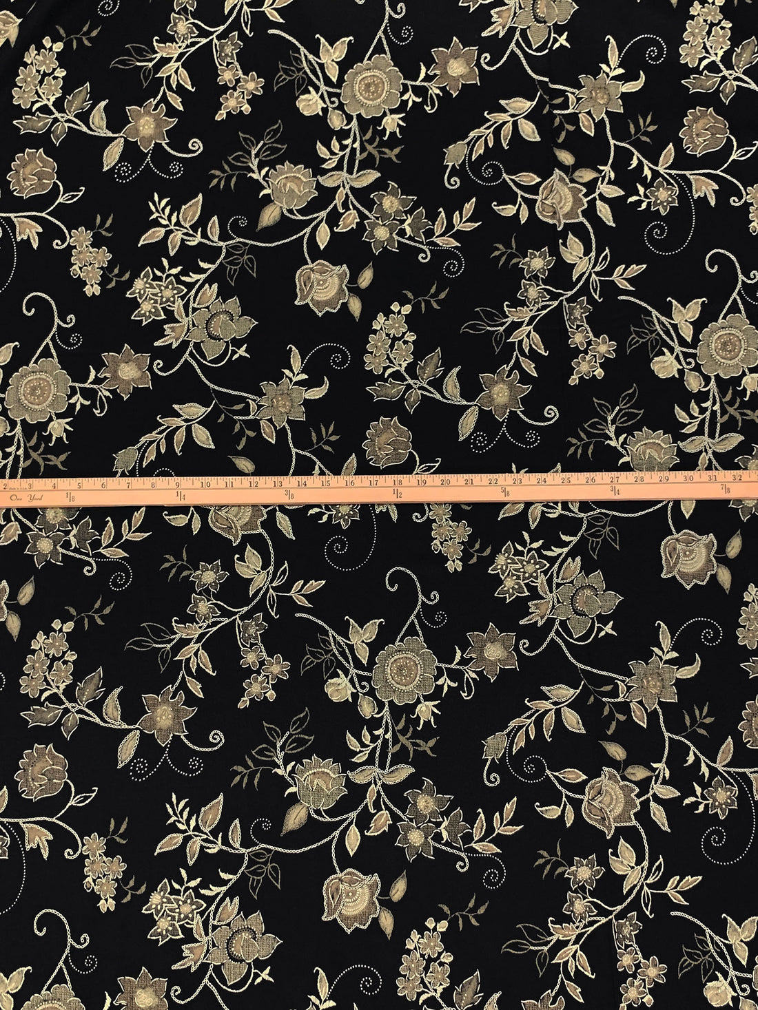 Black/Raw Umber/Pale Goldenrod Rayon/Polyester Stylized Floral Print Crepe Suiting 58W