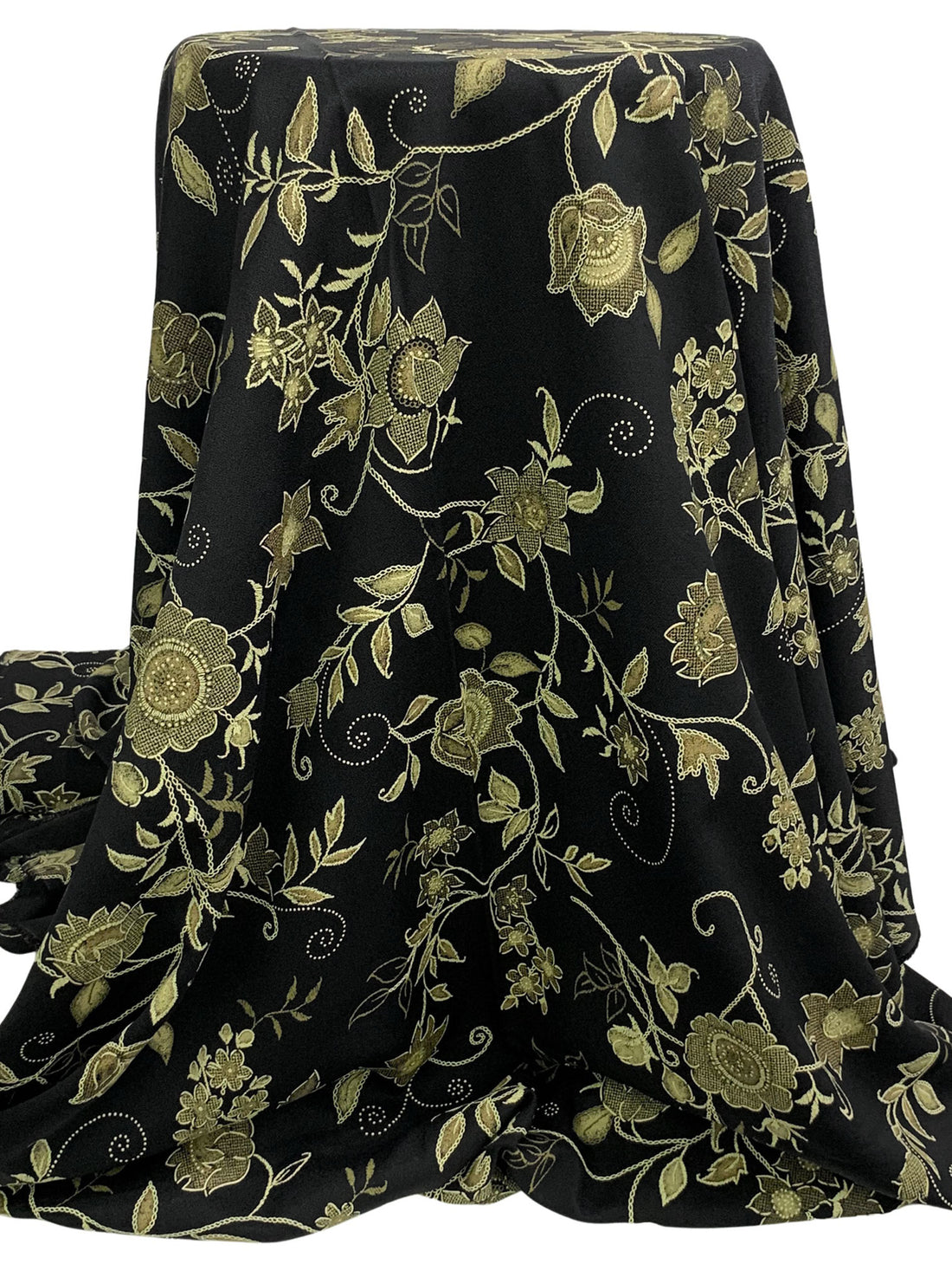 Black/Raw Umber/Pale Goldenrod Rayon/Polyester Stylized Floral Print Crepe Suiting 58W