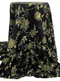 Black/Raw Umber/Pale Goldenrod Rayon/Polyester Stylized Floral Print Crepe Suiting 58W