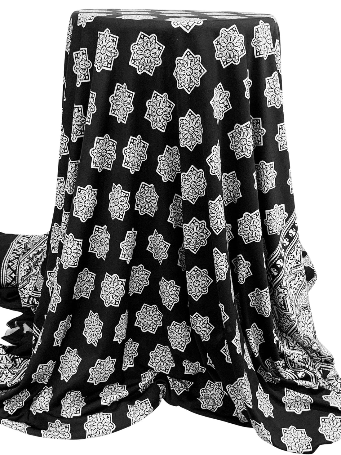 White/Black Polyester/Lycra Stylized Double Border Medallion Print DTY Knit 62W