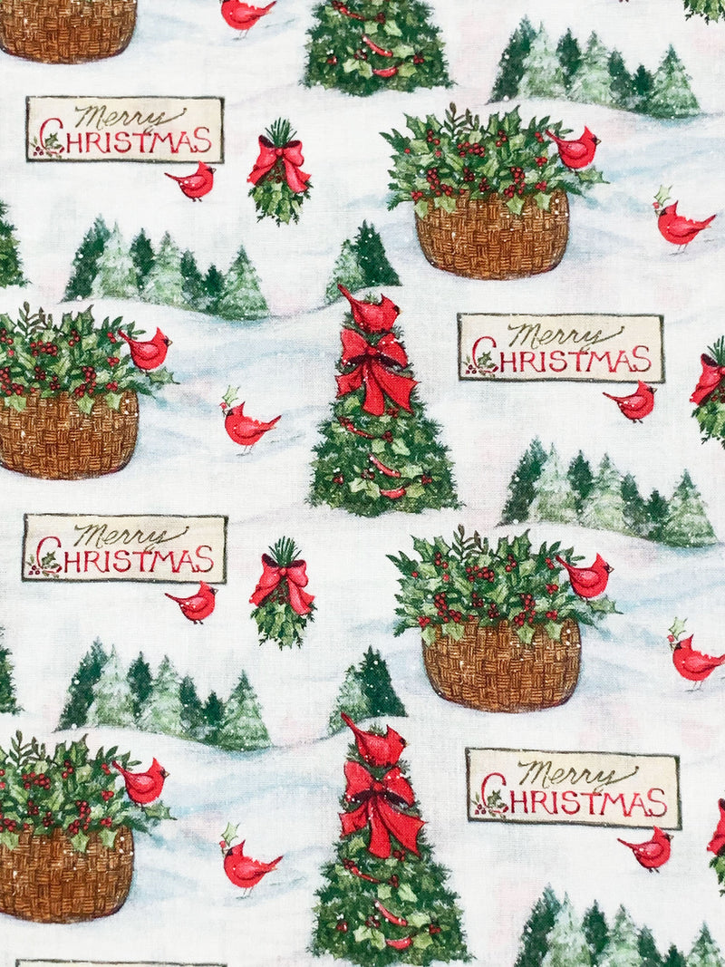 Snow White/Brown Sugar/Crimson Red/Multi 100% Cotton Red Birds Merry Christmas Print Quilt Weight Woven 43W