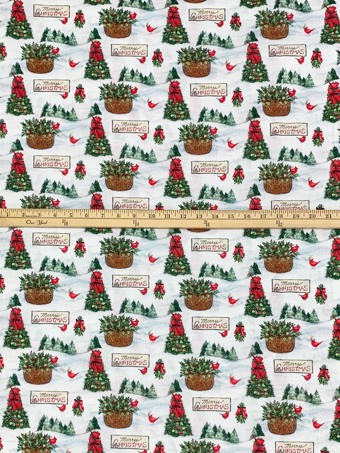 Snow White/Brown Sugar/Crimson Red/Multi 100% Cotton Red Birds Merry Christmas Print Quilt Weight Woven 43W