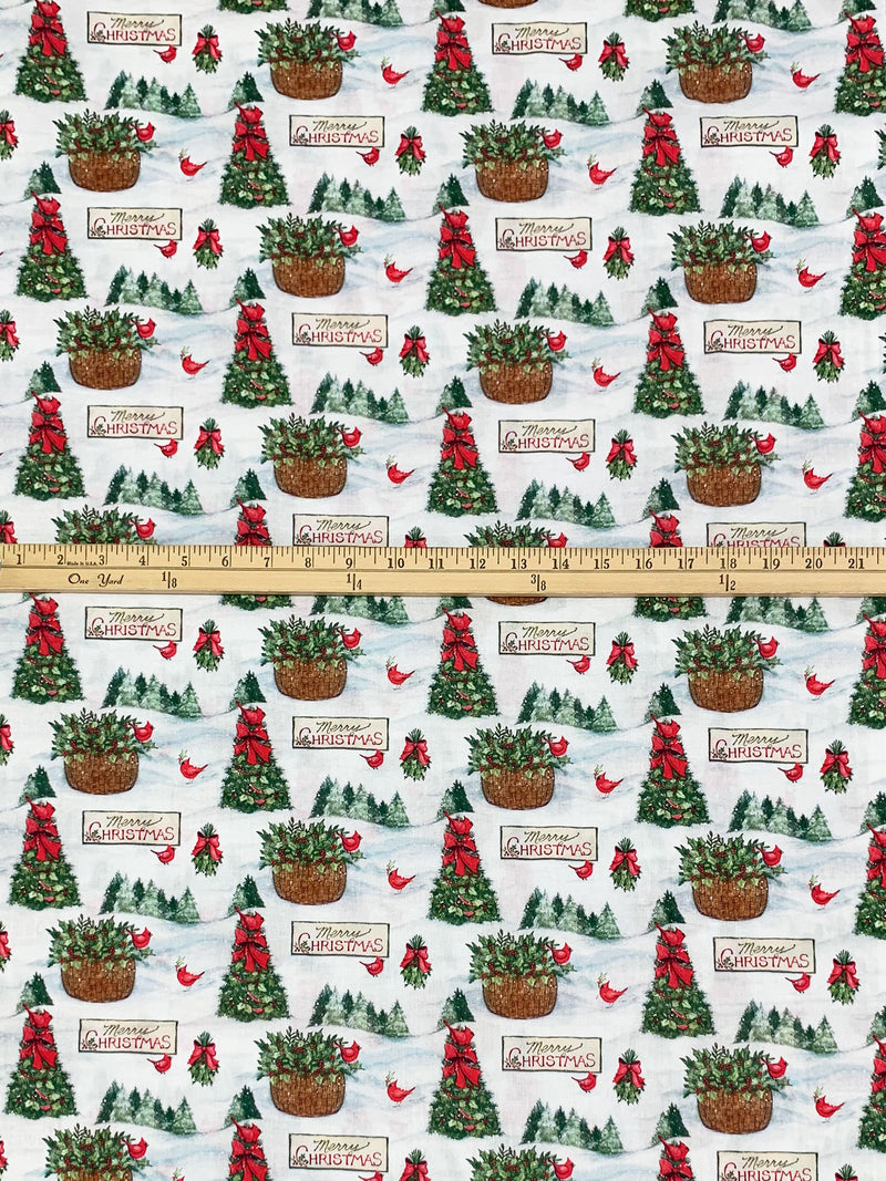 Snow White/Brown Sugar/Crimson Red/Multi 100% Cotton Red Birds Merry Christmas Print Quilt Weight Woven 43W
