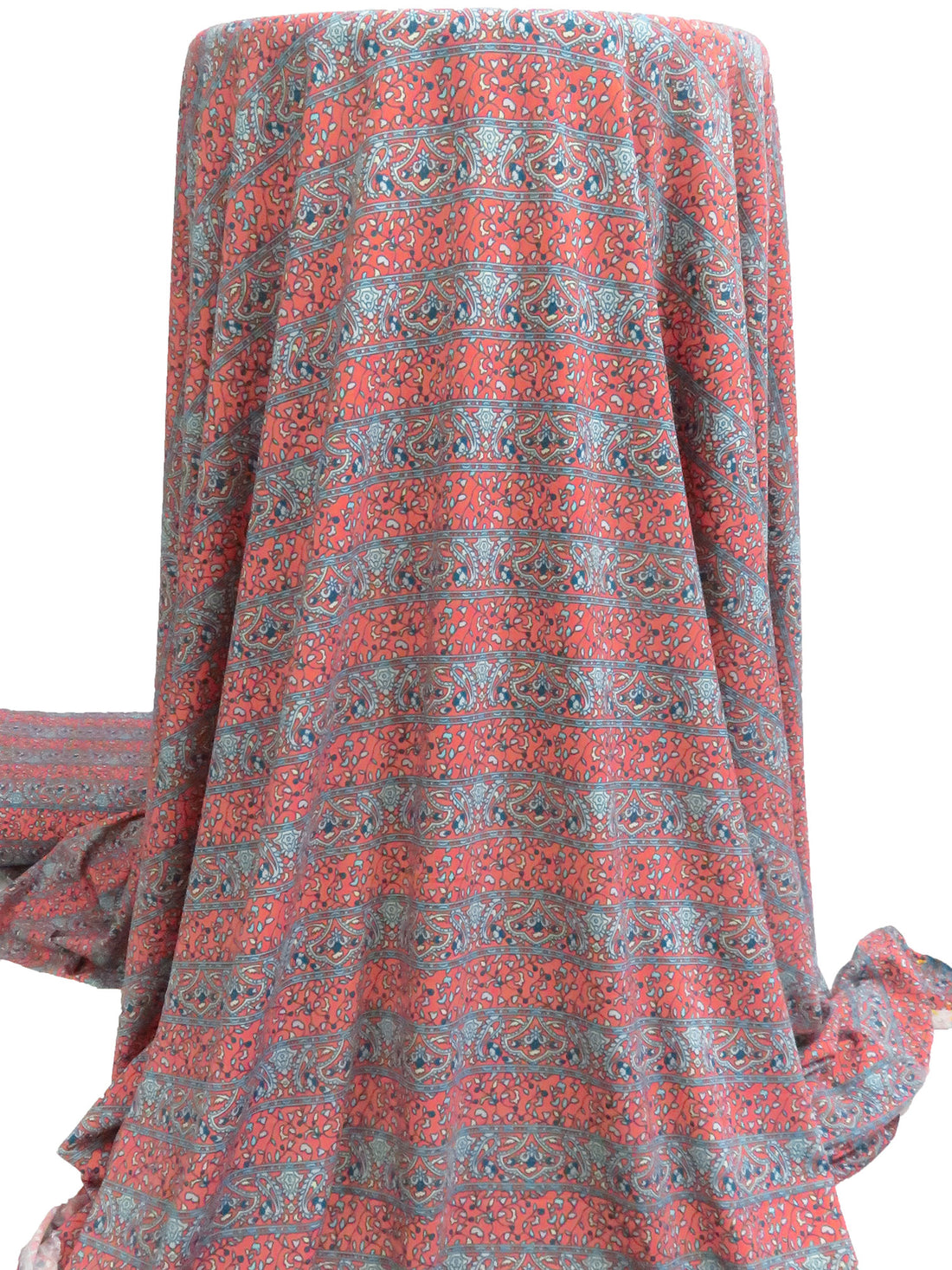 Dark Salmon/Teal/Pale Yellow/Multi Polyester/Lycra Ornate Horizontal Stripe Print ITY Knit 59W