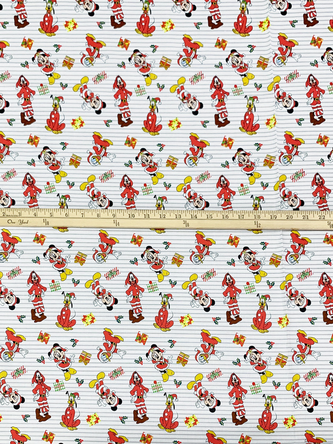 White/Red/Black/Multi 100% Cotton Mickey & Friends Christmas Stripe Print Quilt Weight Woven 44W