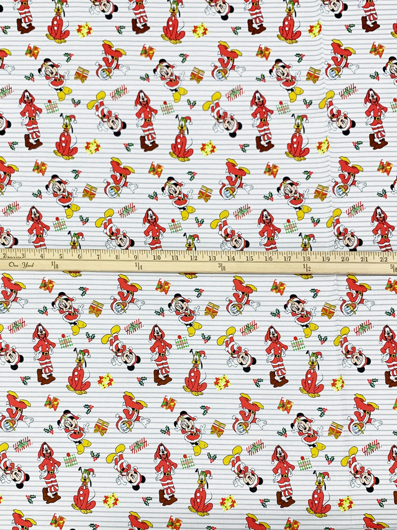 White/Red/Black/Multi 100% Cotton Mickey & Friends Christmas Stripe Print Quilt Weight Woven 44W
