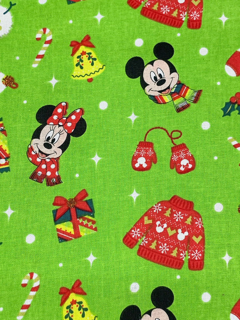 Lime Green/White/Red/Multi 100% Cotton Mickey & Minnie Christmas Icons Print Quilt Weight Woven 44W