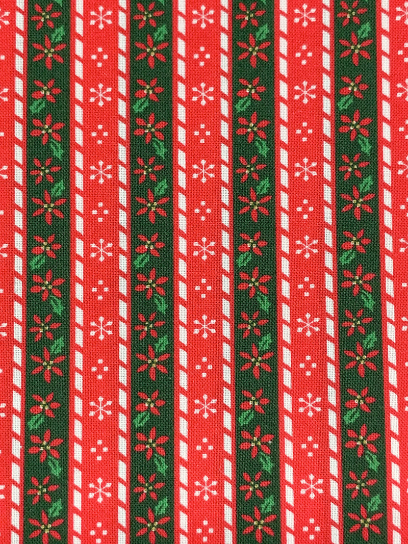Scarlet/Deep Holly/White 100% Cotton Vertical Christmas Stripe Print Quilt Weight Woven 43W