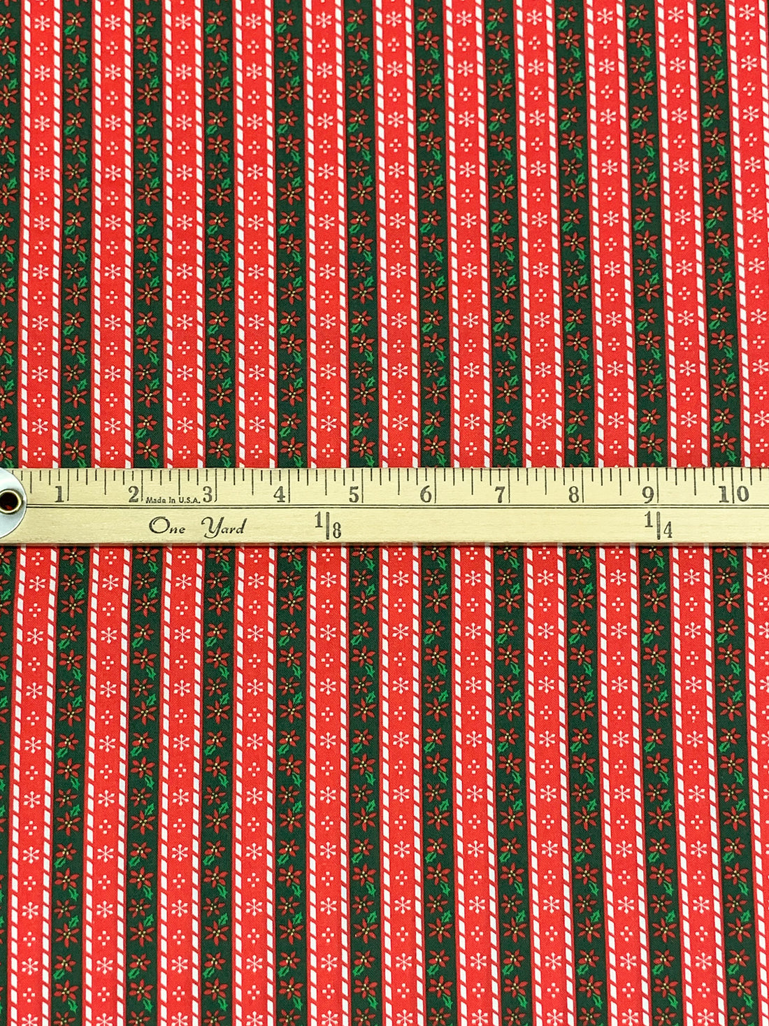 Scarlet/Deep Holly/White 100% Cotton Vertical Christmas Stripe Print Quilt Weight Woven 43W
