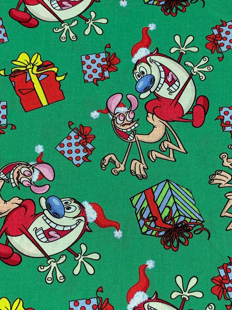 Medium Sea Green/Regal Red/Light Steel Blue/Multi 100% Cotton Ren & Stimpy Holiday Christmas Print Quilt Weight Woven 43W