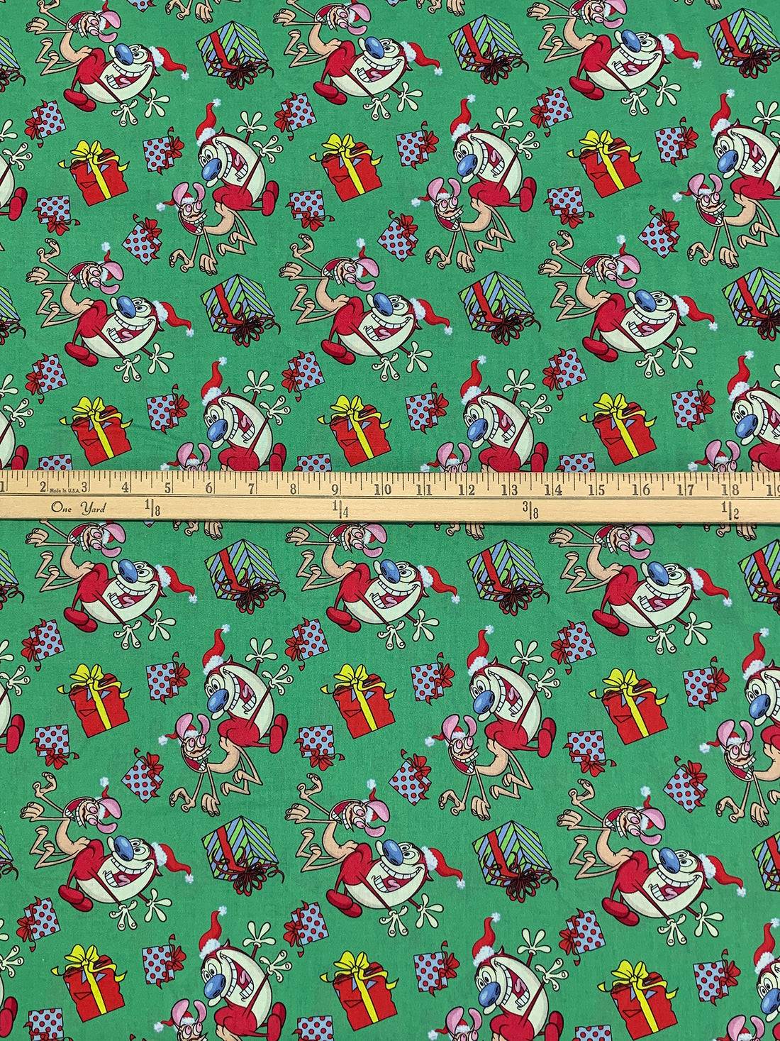 Medium Sea Green/Regal Red/Light Steel Blue/Multi 100% Cotton Ren & Stimpy Holiday Christmas Print Quilt Weight Woven 43W
