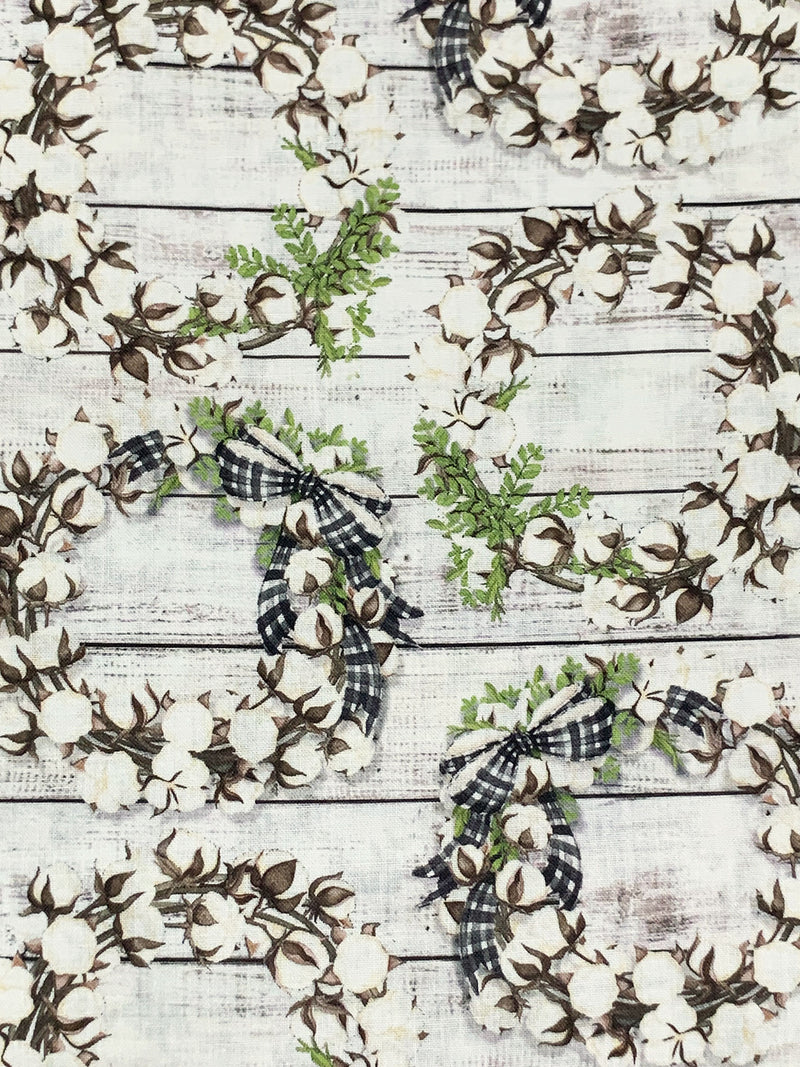 Cloud White/Fern Green/Coffee Brown 100% Cotton Wreaths On Board Print Quilt Weight Woven 43W