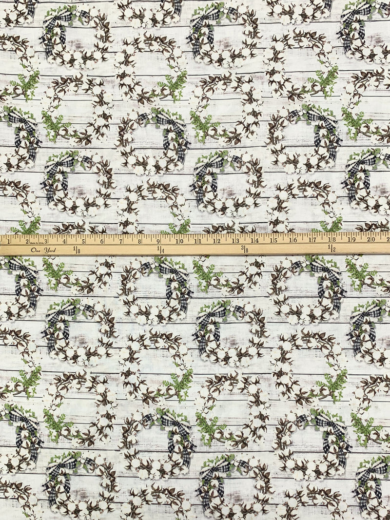 Cloud White/Fern Green/Coffee Brown 100% Cotton Wreaths On Board Print Quilt Weight Woven 43W