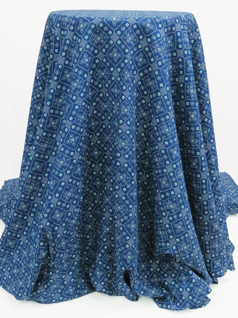 Sapphire/White/Aqua Green 100% Rayon Dotted Medallion Print Challis 54W