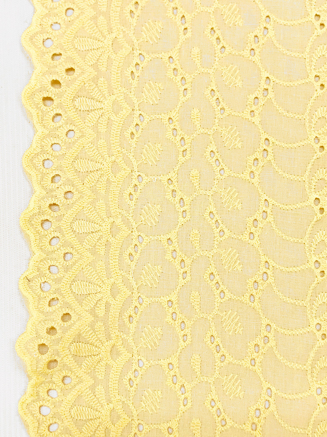 Straw Yellow 100% Cotton Double Scalloped Border Embroidered Ornate Abstract Eyelet Voile - NY Designer - 41W