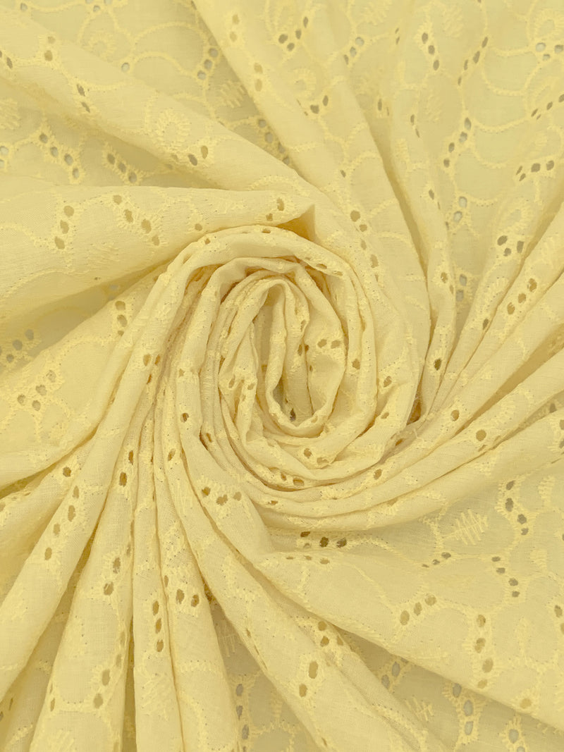 Straw Yellow 100% Cotton Double Scalloped Border Embroidered Ornate Abstract Eyelet Voile - NY Designer - 41W