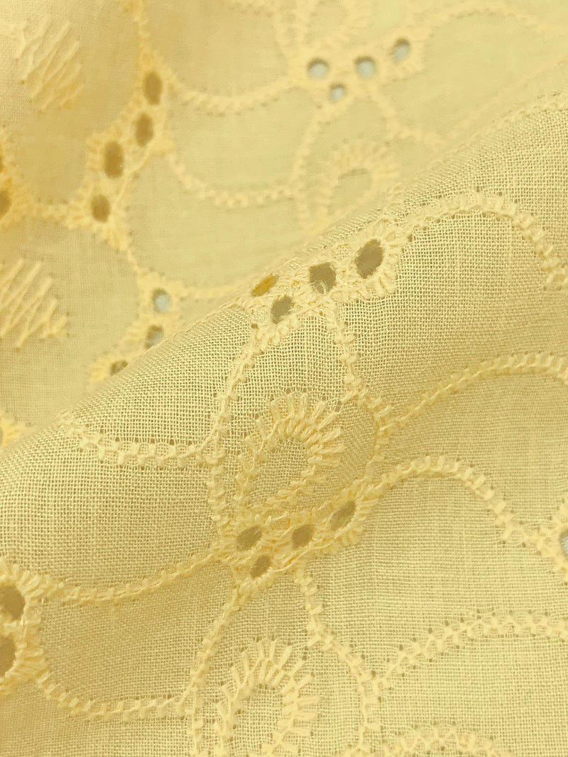 Straw Yellow 100% Cotton Double Scalloped Border Embroidered Ornate Abstract Eyelet Voile - NY Designer - 41W